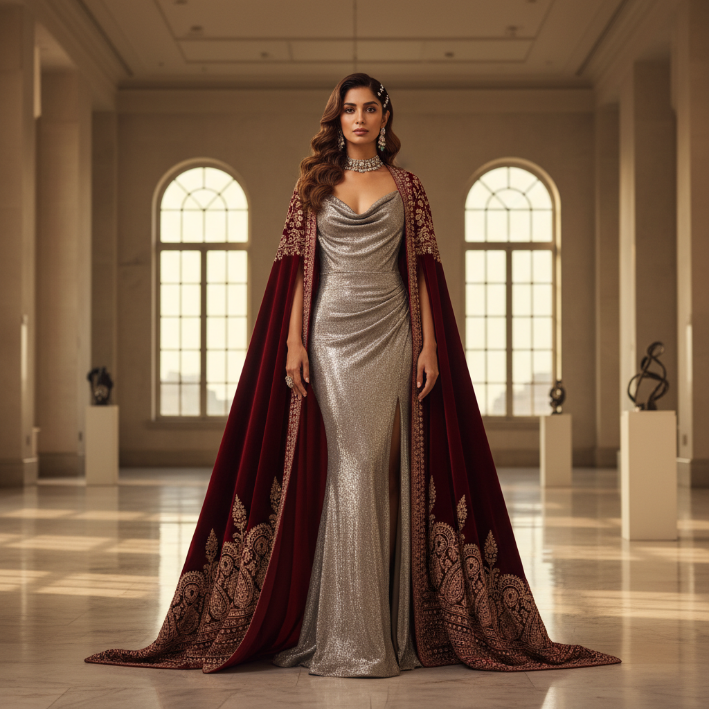 Cape over metallic gown