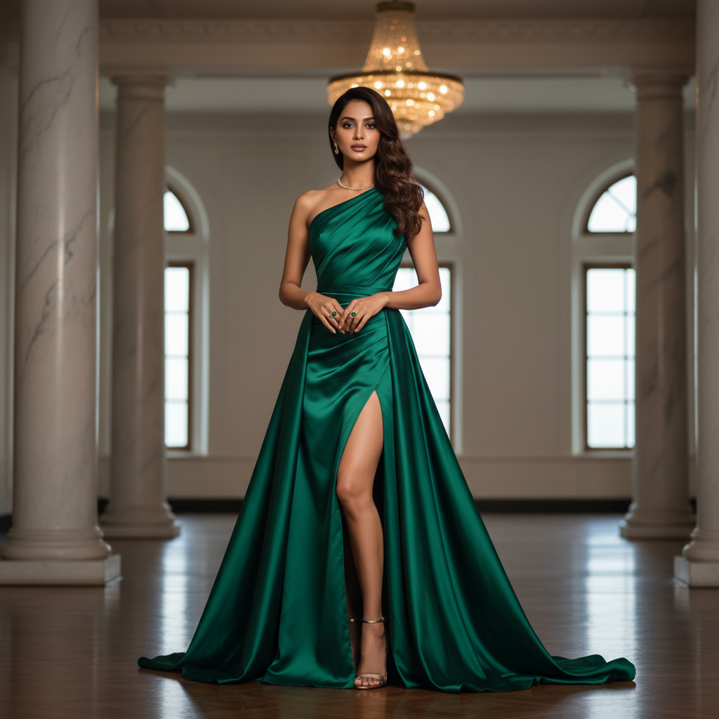 One-shoulder satin gown