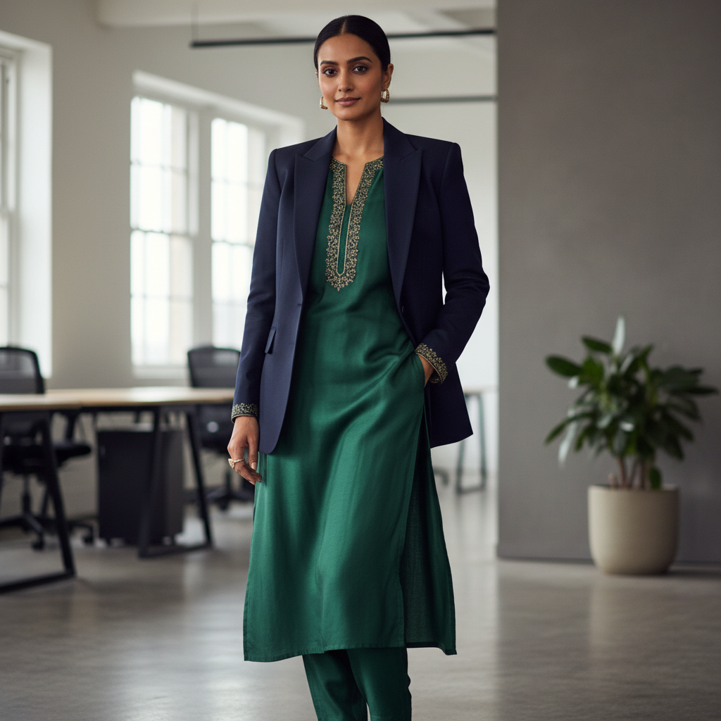 Tailored blazer over silk kurta