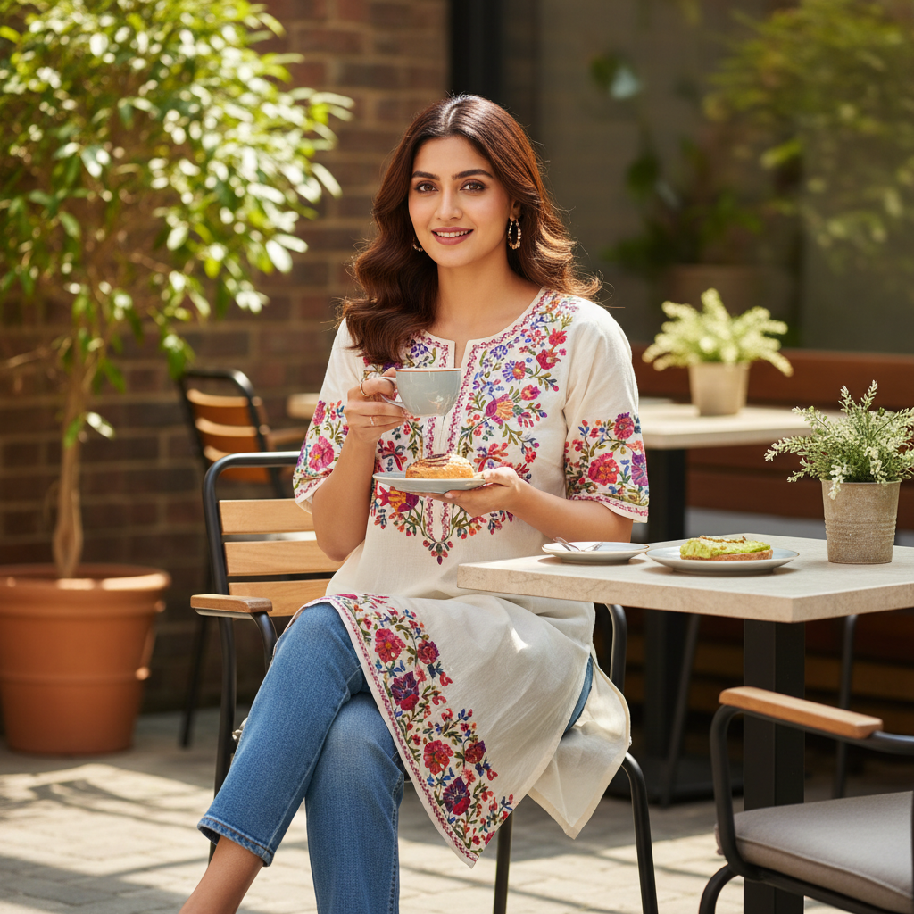 Embroidered kurti over jeans