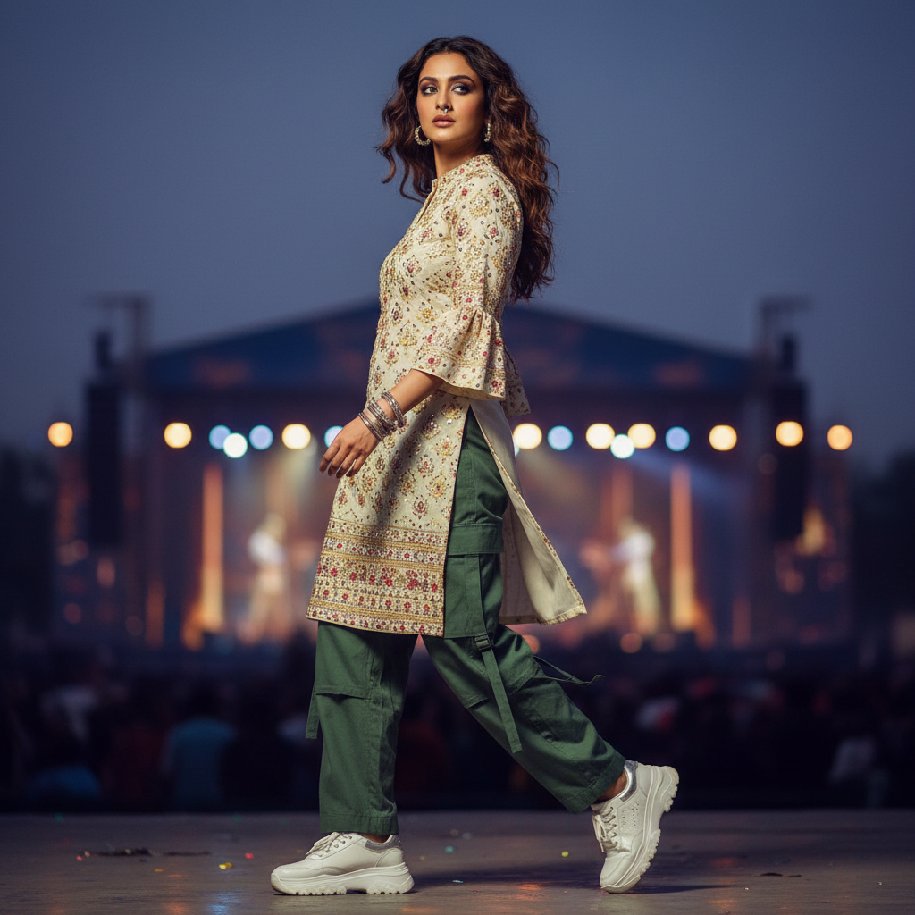 Embroidered kurti with cargo pants
