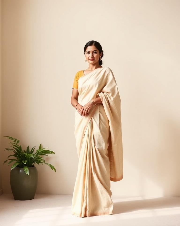Linen saree, half sleeve blouse