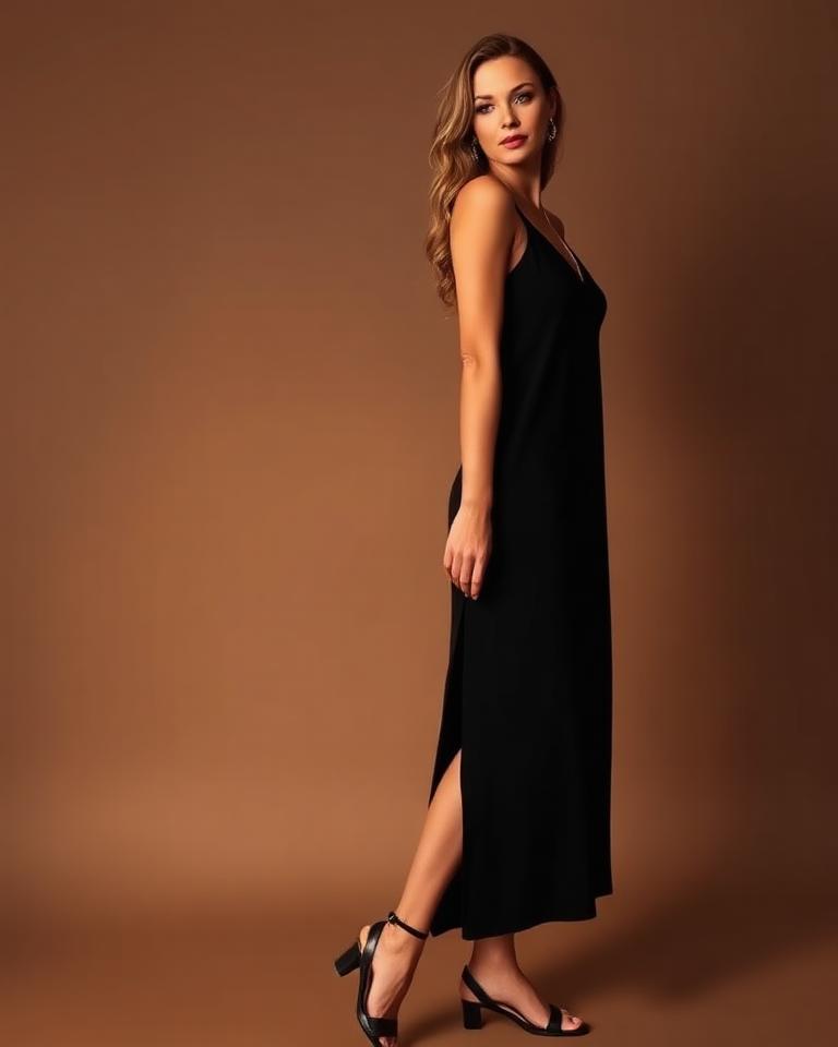 Black slip dress, gold jewellery