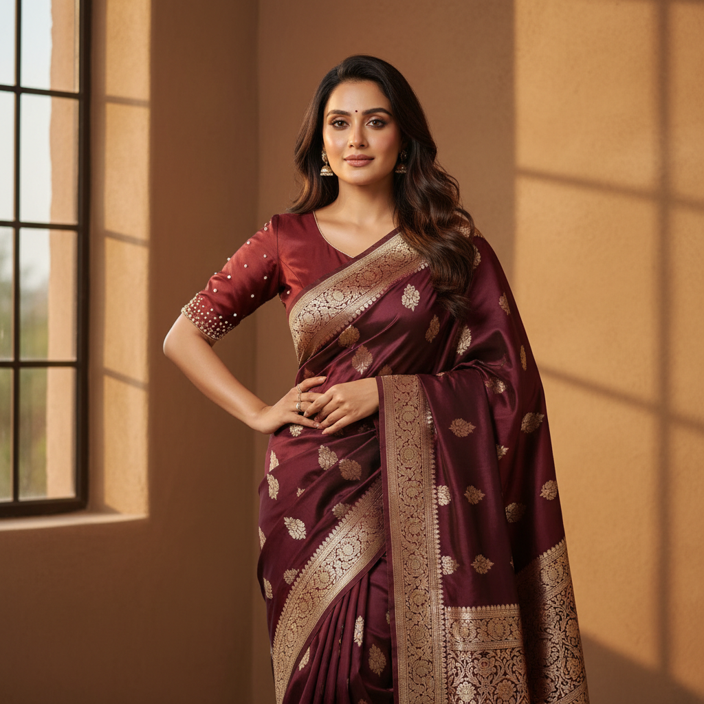 Banarasi saree, satin blouse