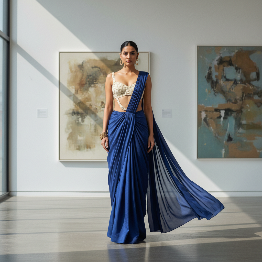 Pre-draped saree skirt with bustier
