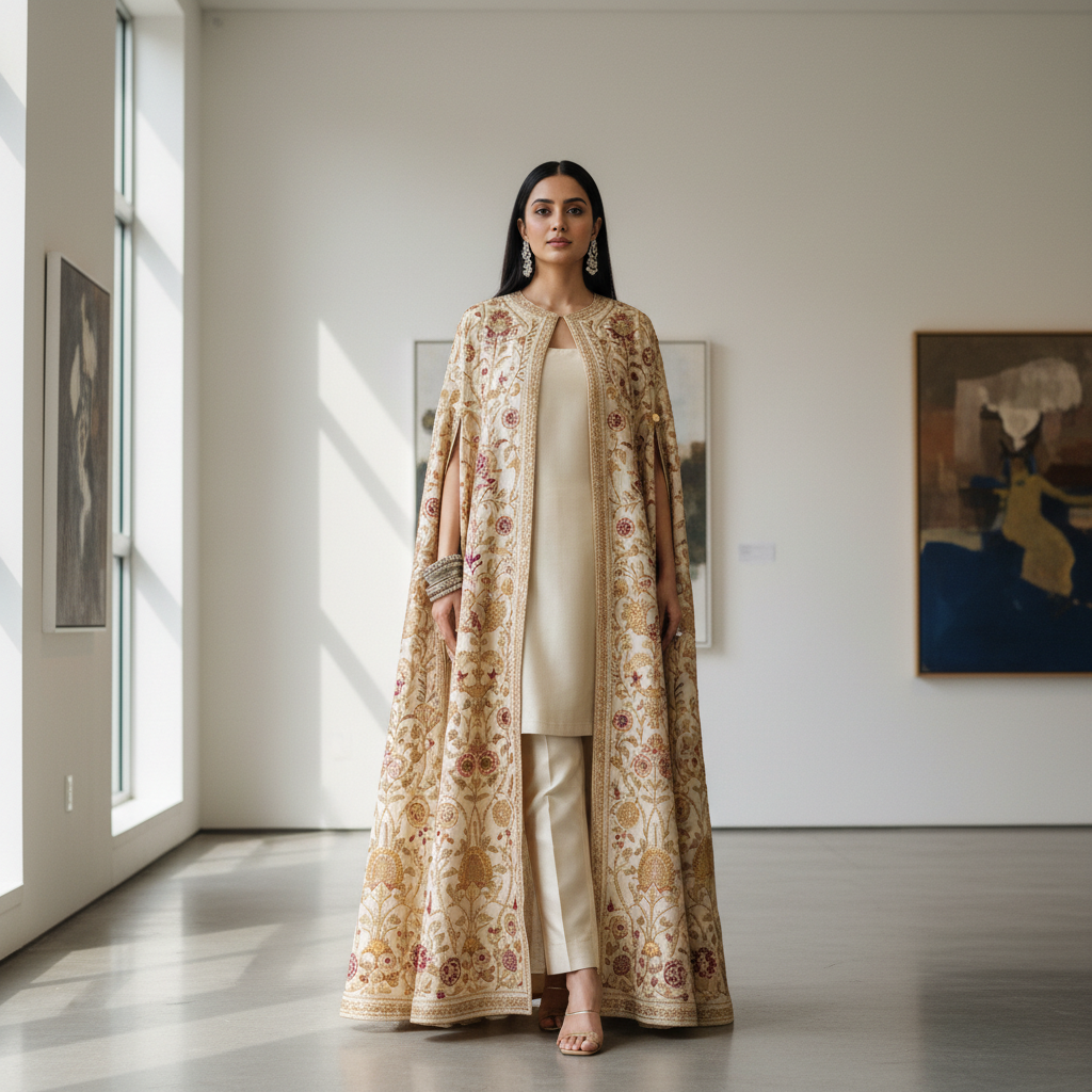 Embroidered cape over trouser