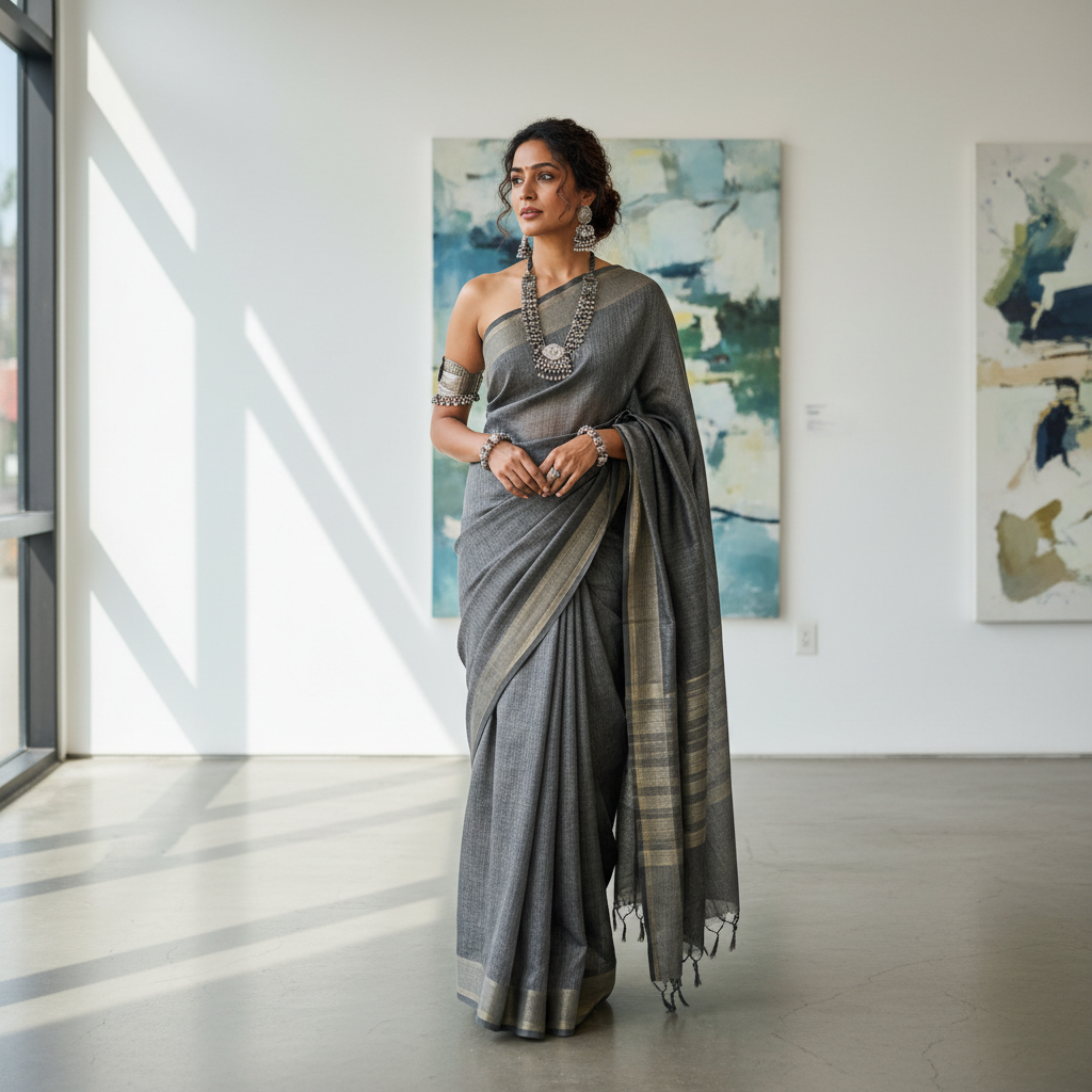 Charcoal linen saree